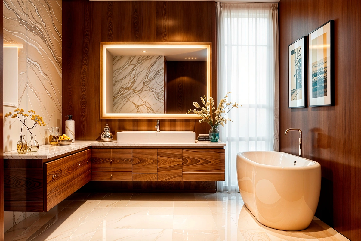 Modern luxury bathroom in Newton home featuring wood vanity, freestanding bathtub, warm lighting, and elegant wall décor.