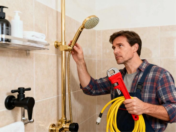 New shower head installation in Greater Boston bathroom