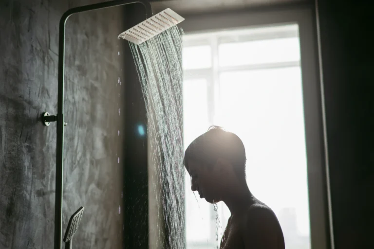 Walk-in shower with frameless glass enclosure